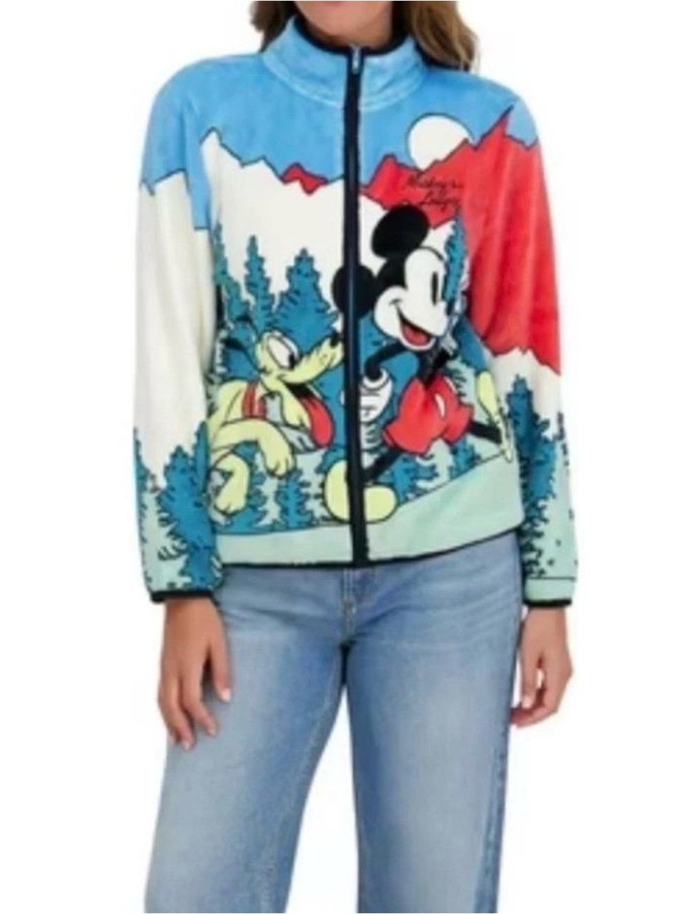 NWT Disney Mickey Mouse & Pluto "Mickey's Lodge" Scenic Fleece Jacket Medium